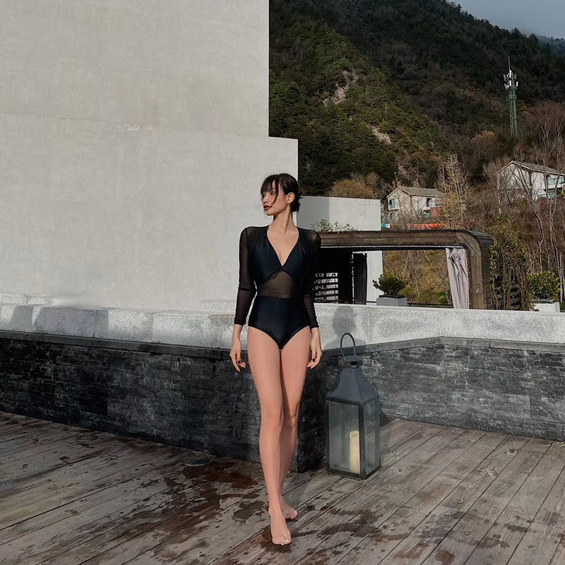 Sheer Panel Long Sleeve Swimsuit