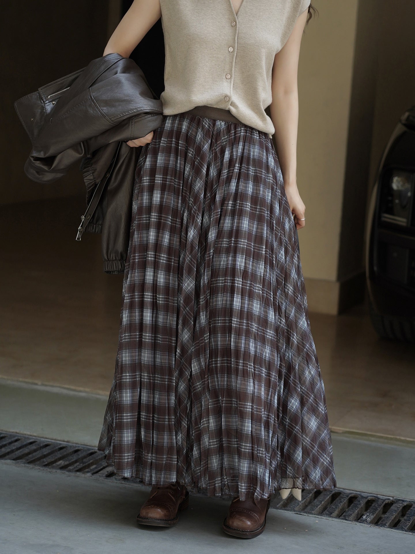 Sheer Check Long Skirt