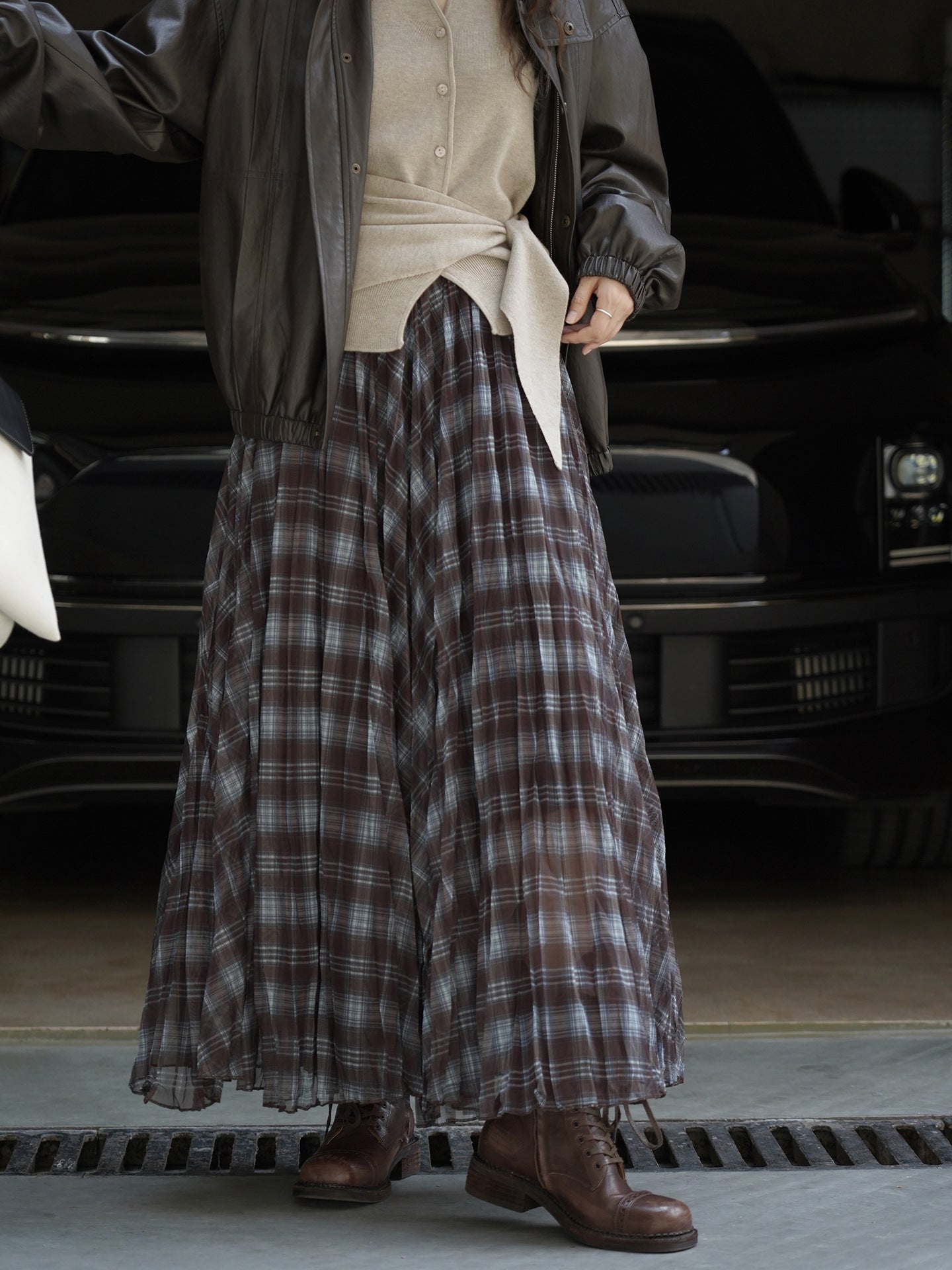 Sheer Check Long Skirt