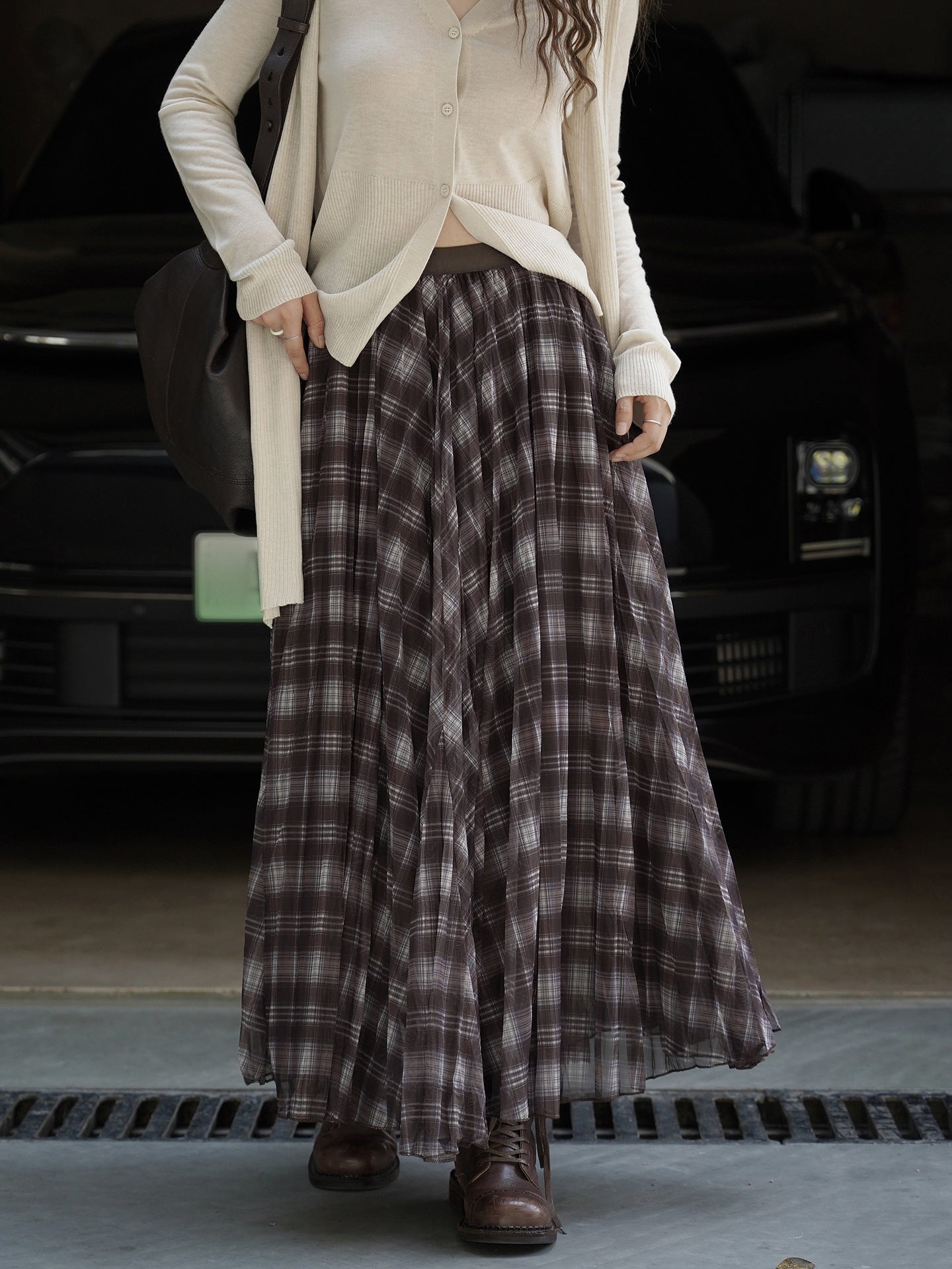 Sheer Check Long Skirt