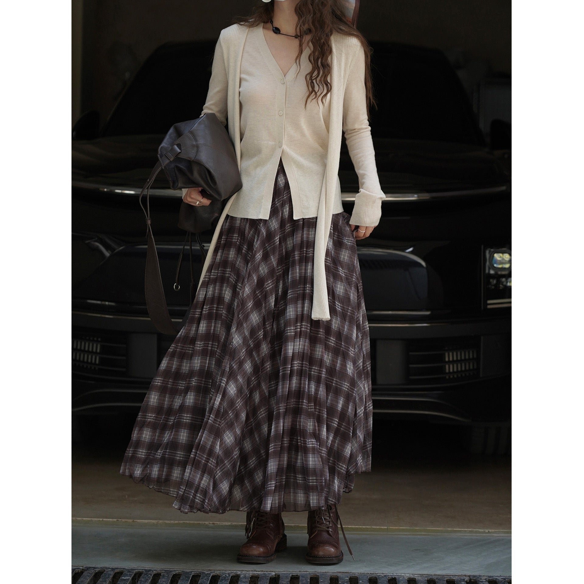 Sheer Check Long Skirt