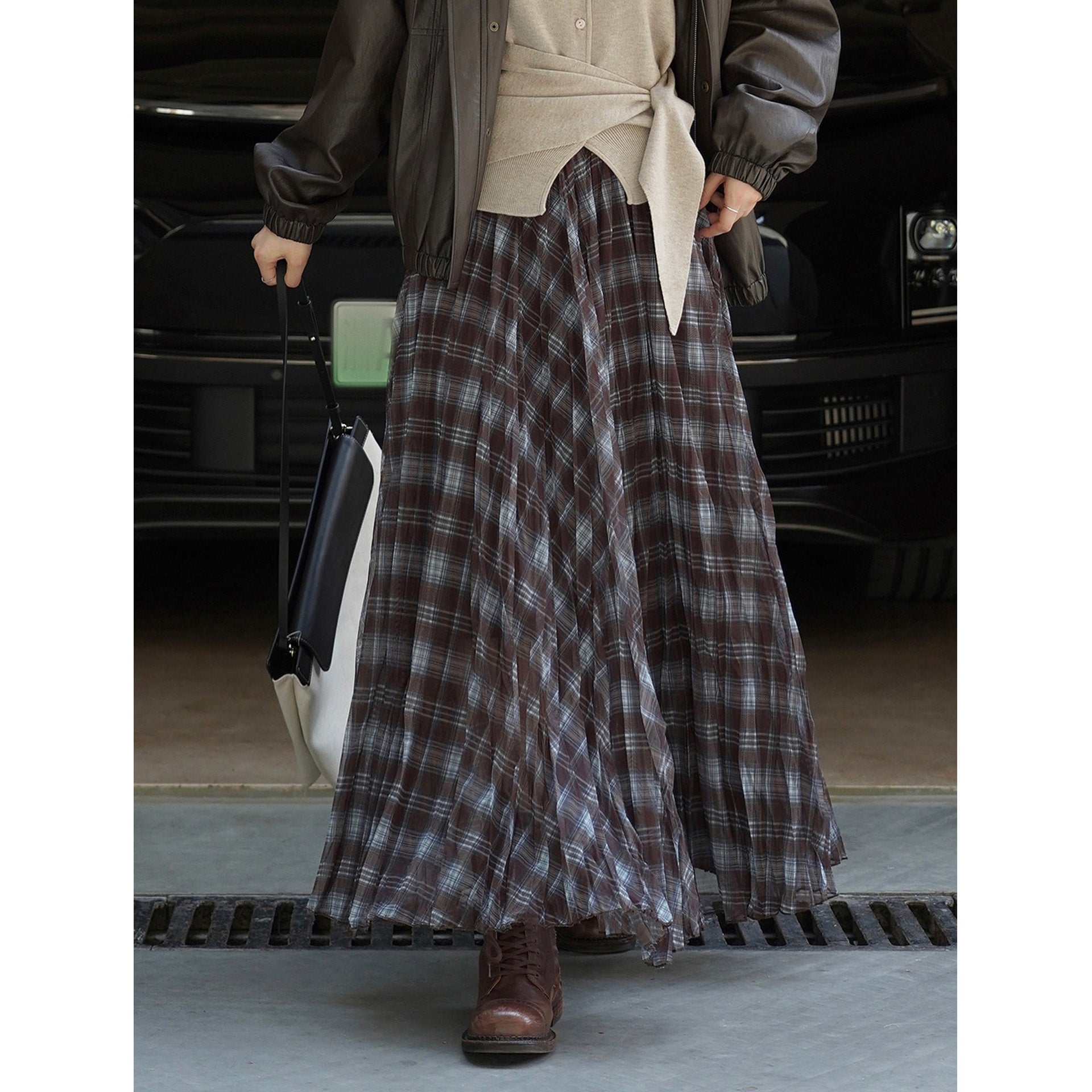 Sheer Check Long Skirt