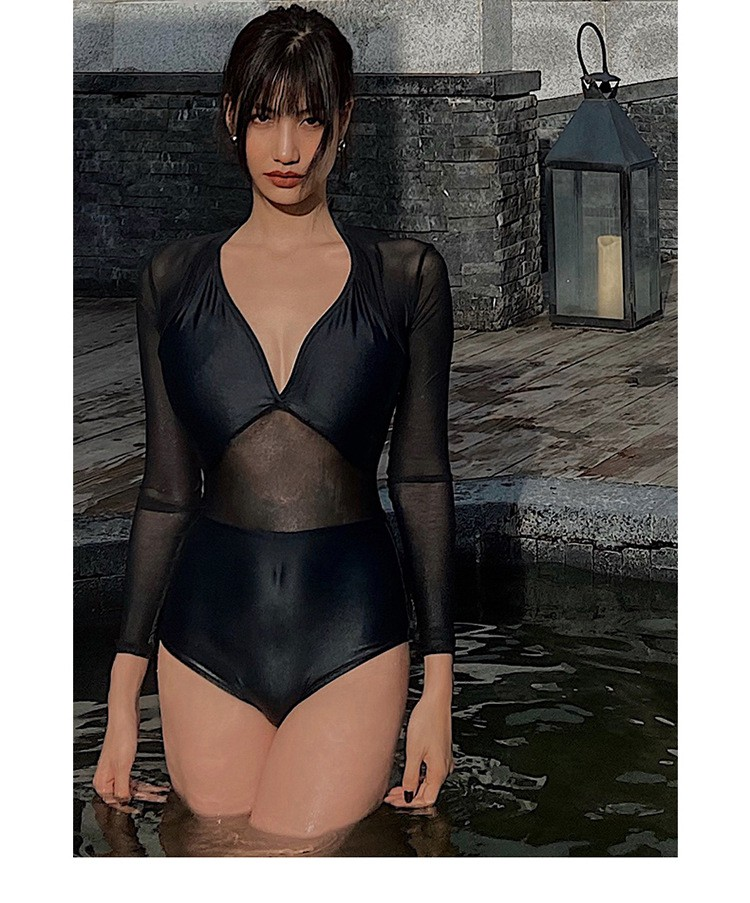 Sheer Panel Long Sleeve Swimsuit