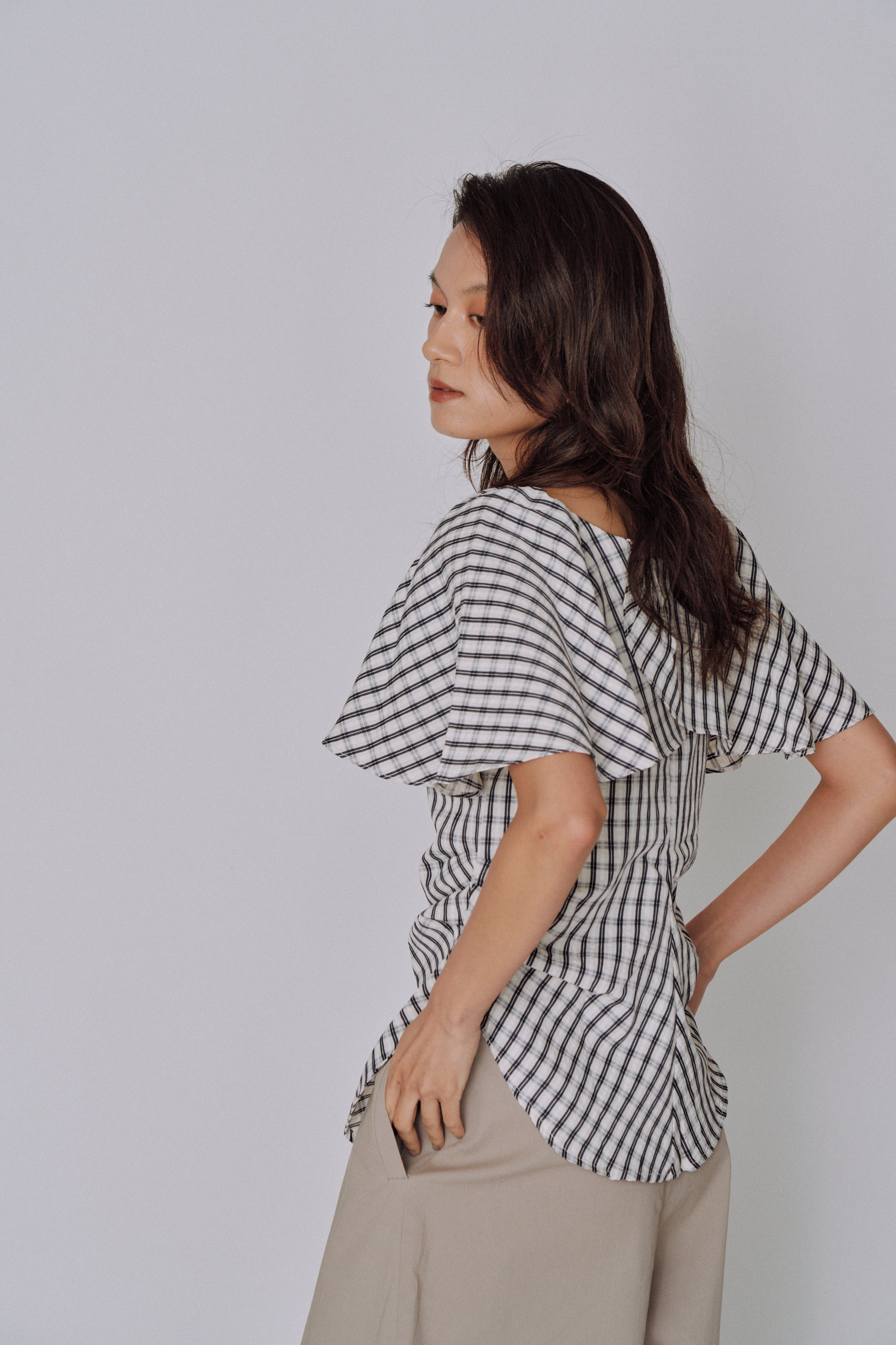 Ruffle Square Gingham Blouse