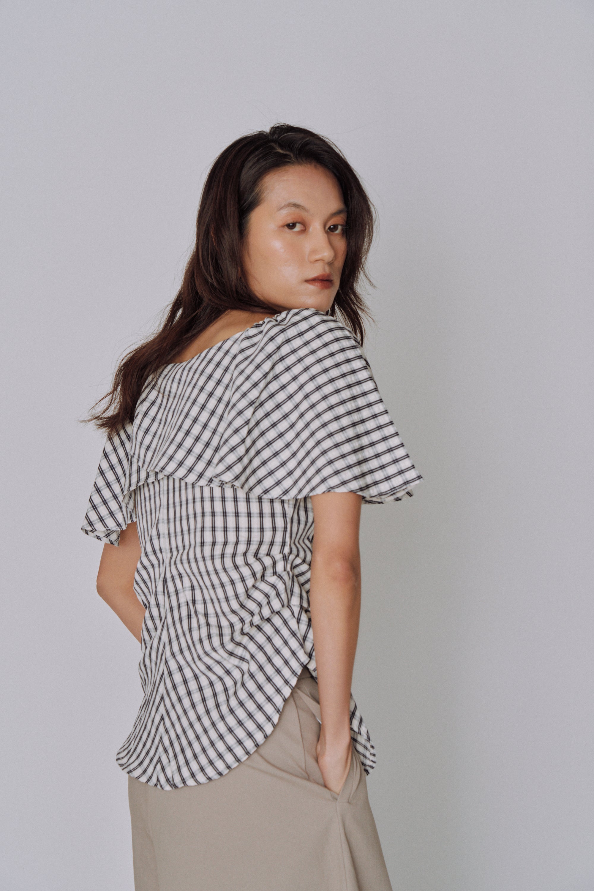 Ruffle Square Gingham Blouse