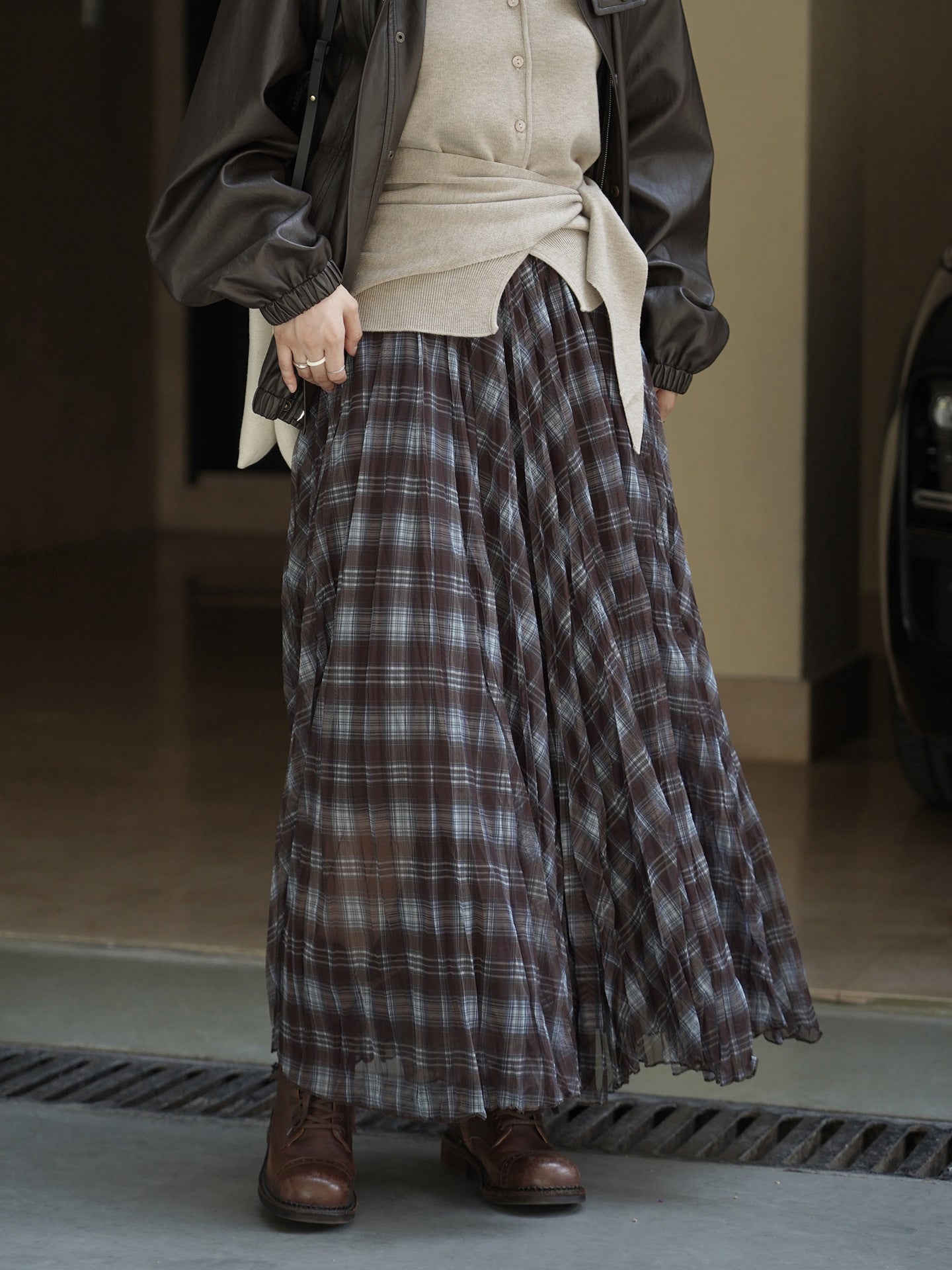 Sheer Check Long Skirt